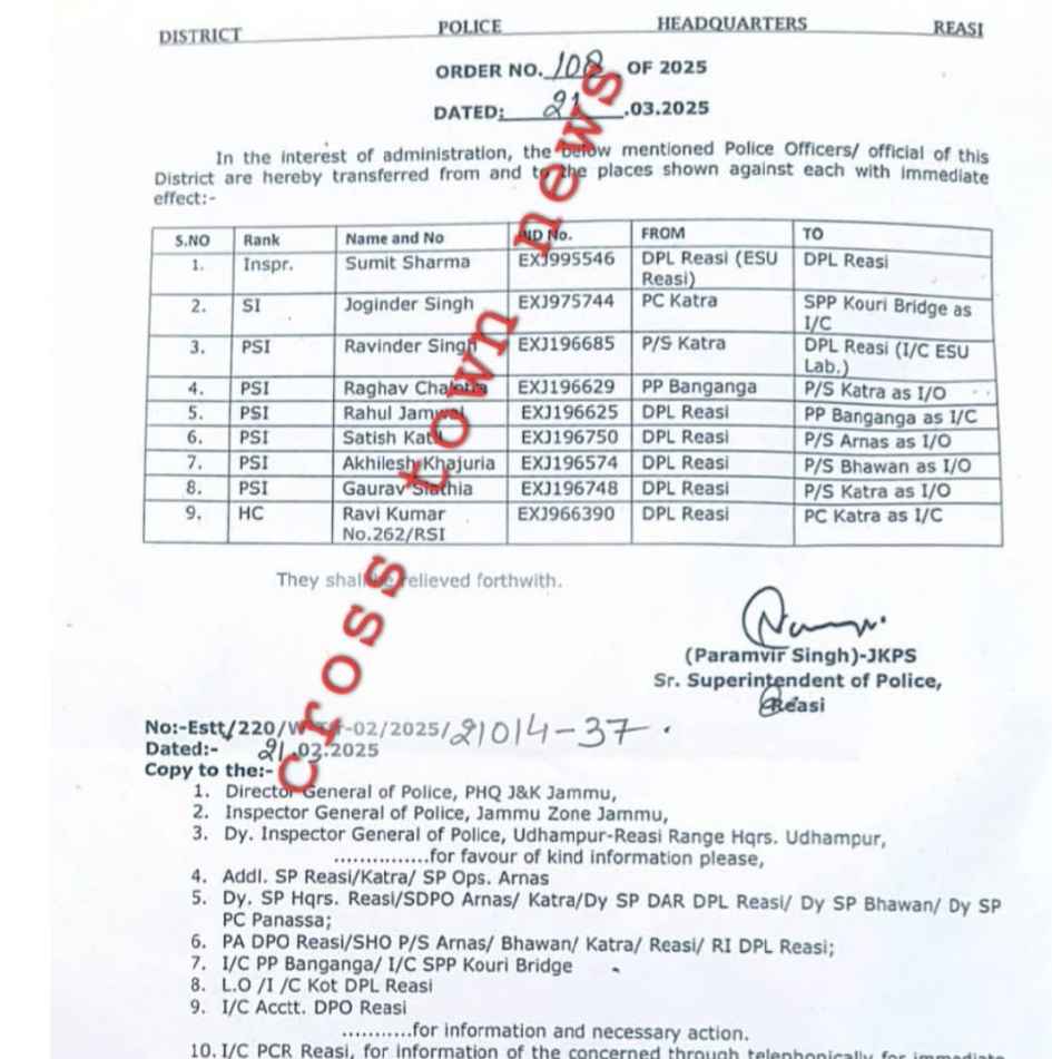 J&K: SSP orders transfers of Police Officers/Officials