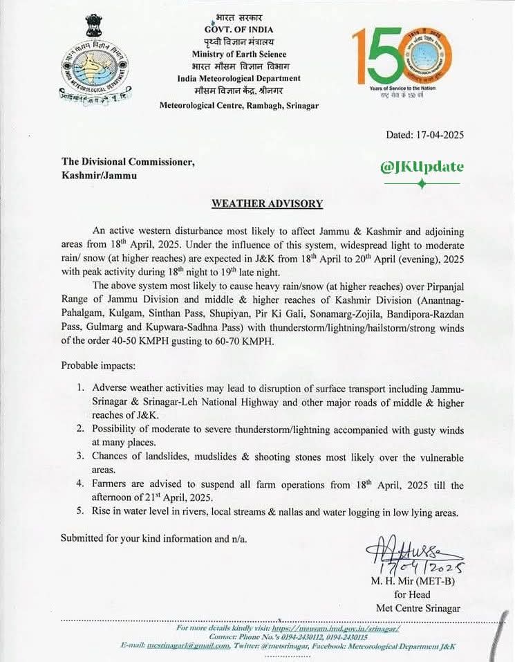 Rain, Snow Likely in Jammu and Kashmir from April 18–20