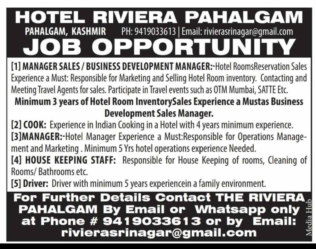 Hotel Riviera Pahalgam  Recruitment– Apply Various posts now 