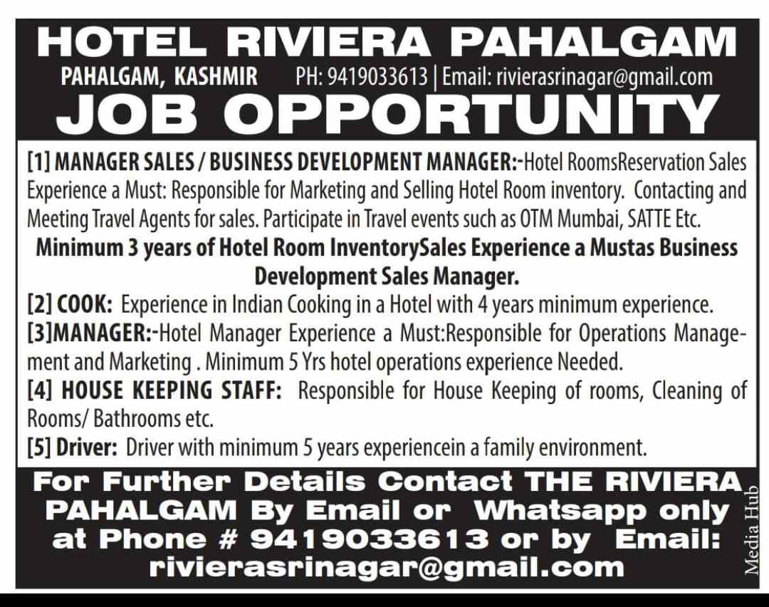 Hotel Riviera Pahalgam Recruitment– Apply Various posts now