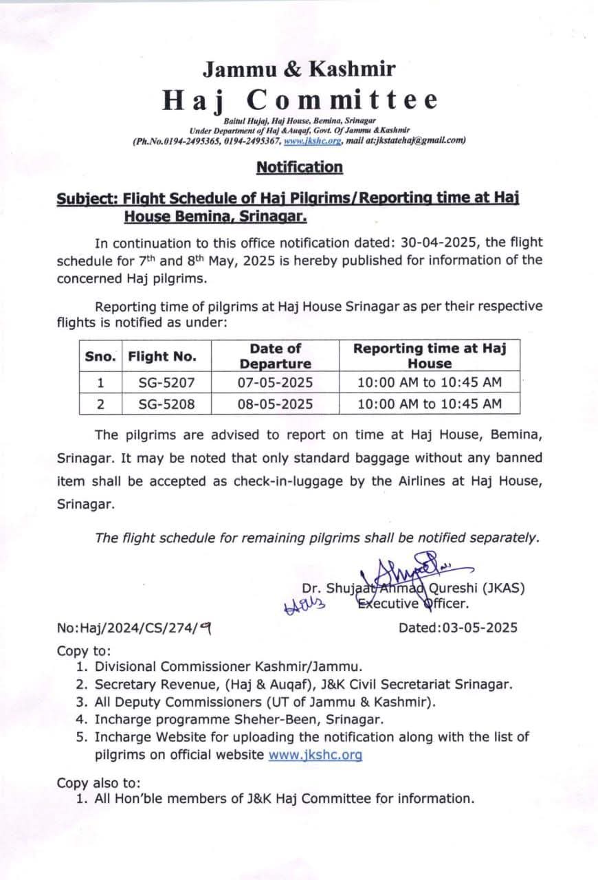 Flight schedule of Haj Pilgrims / Reporting time at Haj House Bemina Srinagar