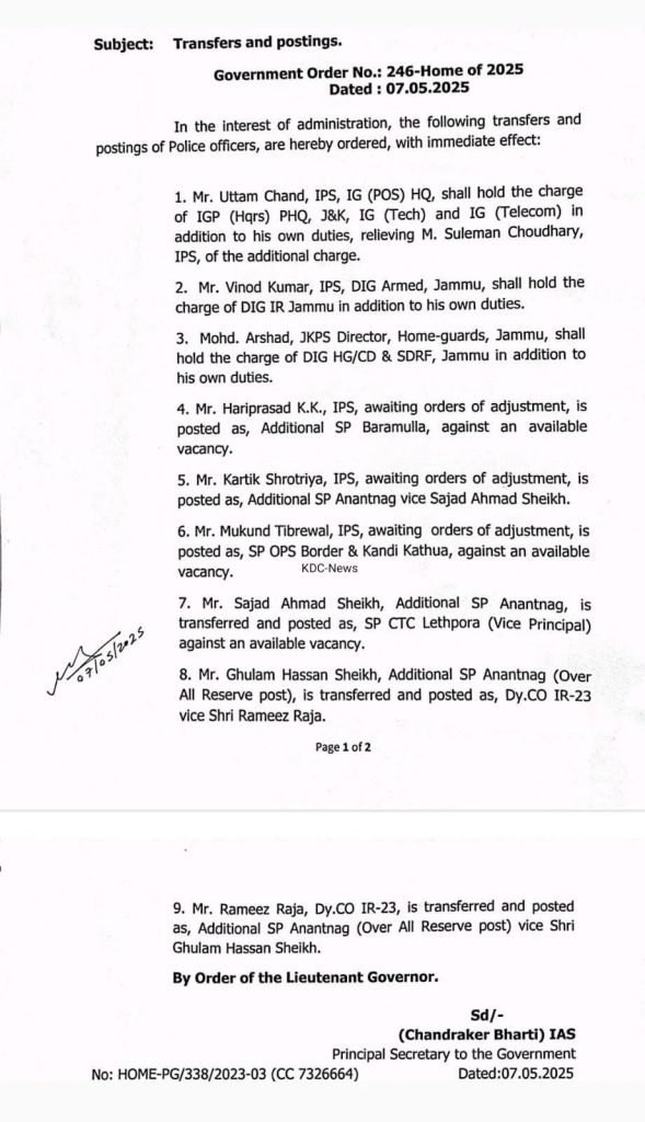 Fresh Transfer and Posting Police officers in Jammu and 