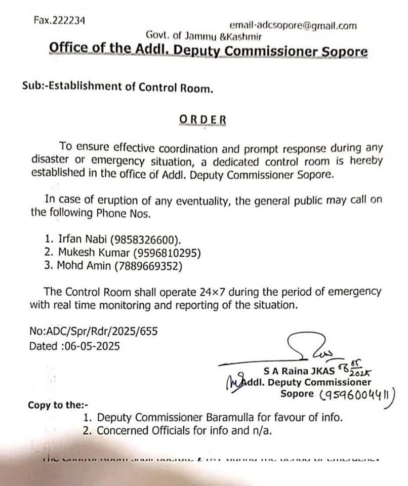 Control Room has been established in Sopore