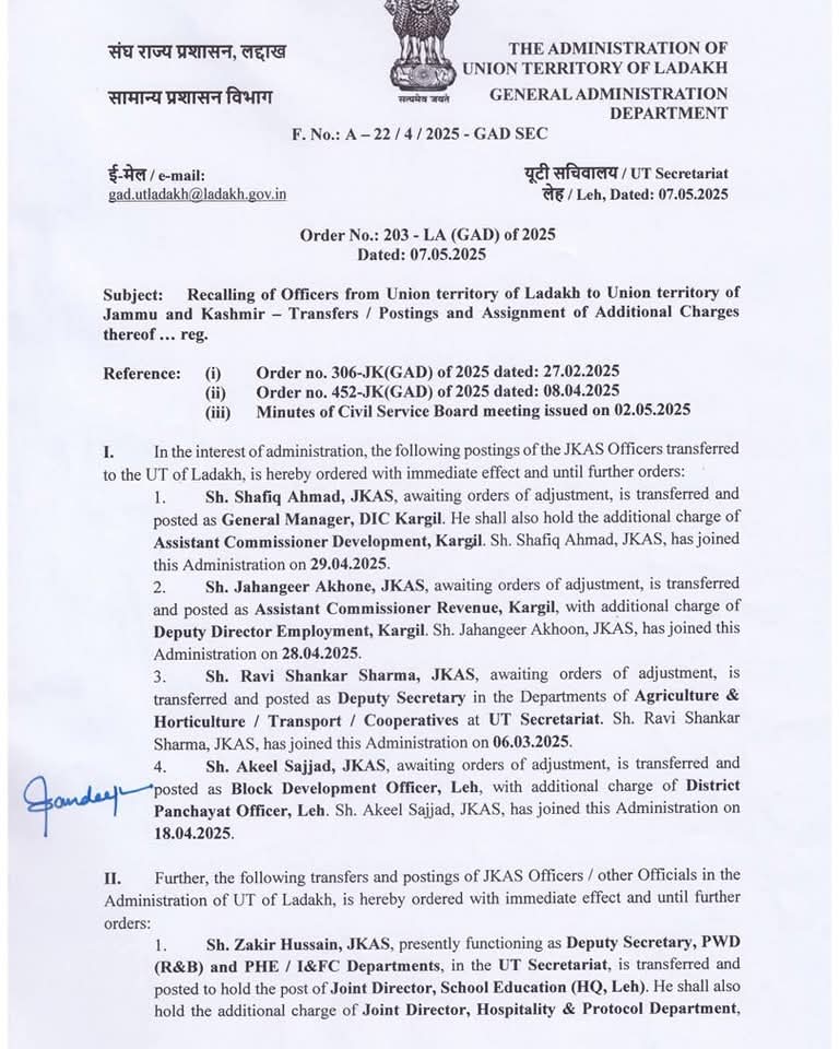 Recalling of Officers from Ladakh to J&K: Transfers & Postings