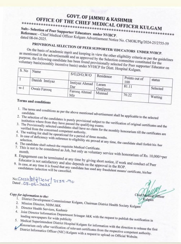 #Kulgam - Provisional Selection of Peer Supporter under NVHCP.