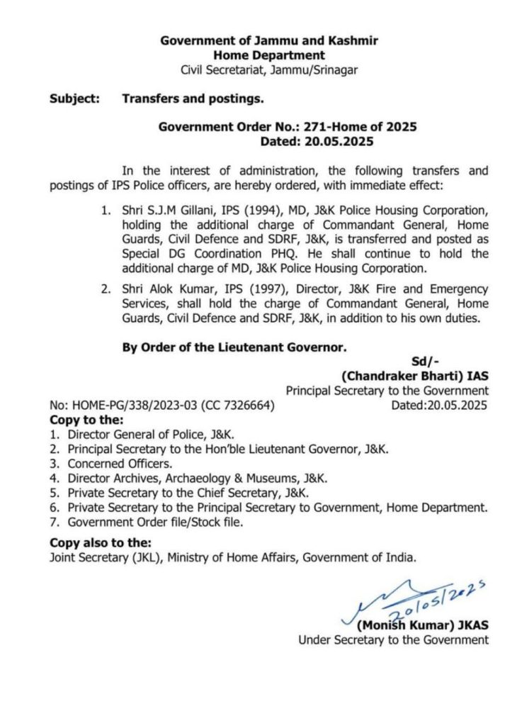 Transfers and Postings of IPS officers in jk