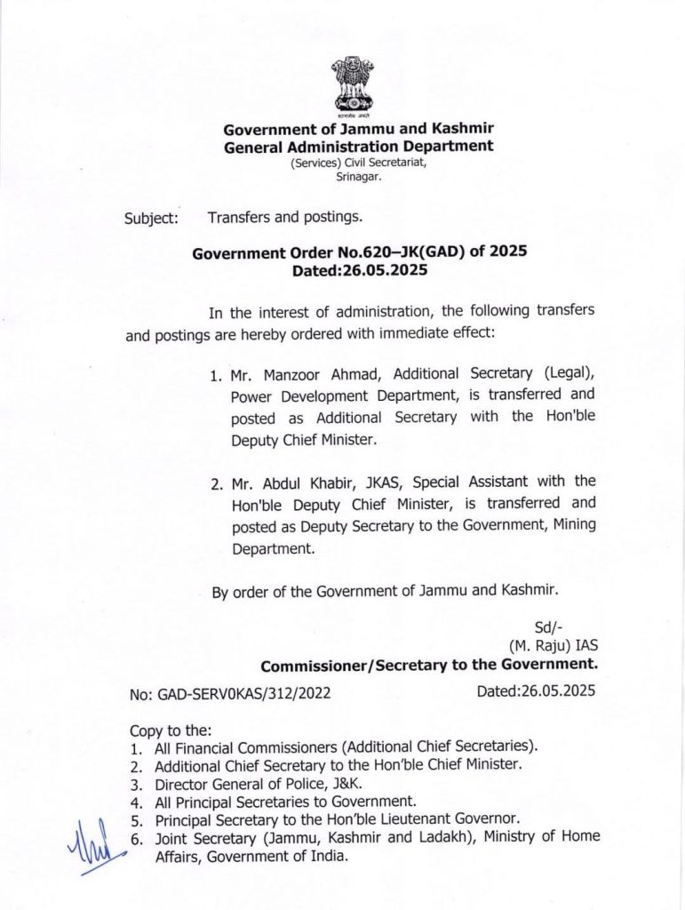 Jammu and Kashmir Government has ordered the transfer and posting of two officers.
