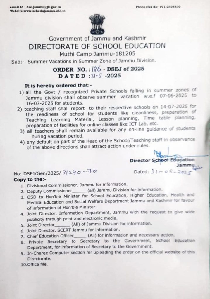 Summer Vacations in Jammu Schools from June 7