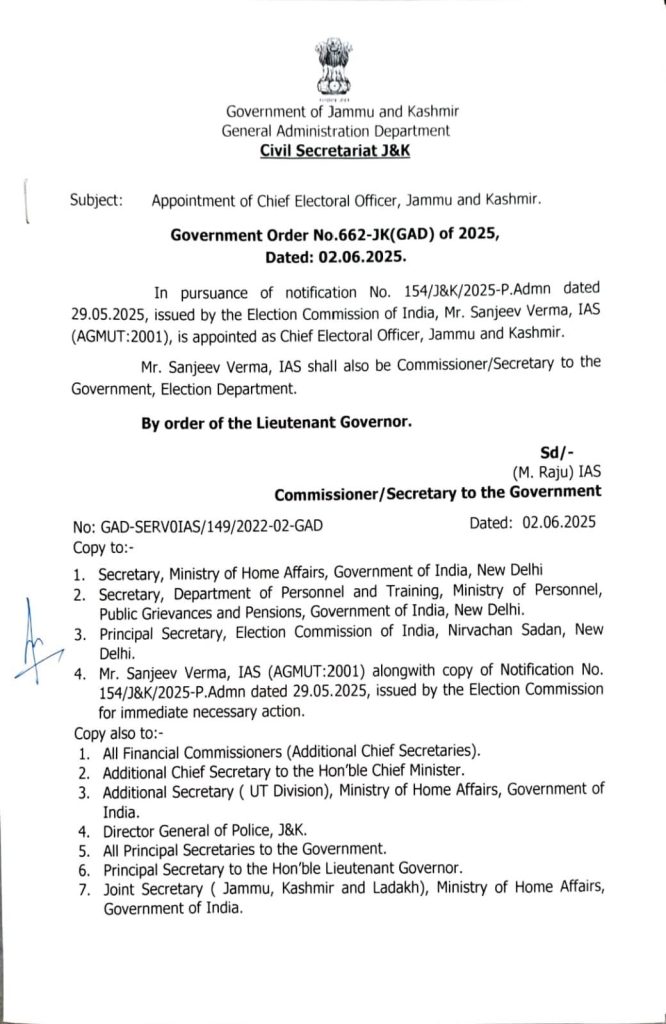 #NewsUpdate: Govt appoints Sanjeev Verma, IAS (AGMUT:2001) as Chief Electoral Officer, J&K