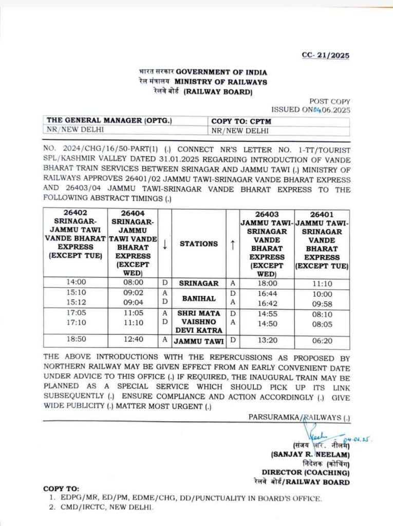 Jammu-Srinagar Vande Bharat train time table