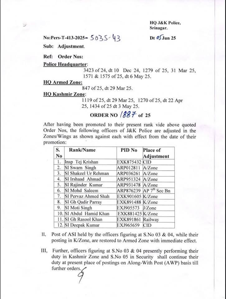 PHQ J&K orders transfer/postings of Police Inspectors/Sub Inspectors