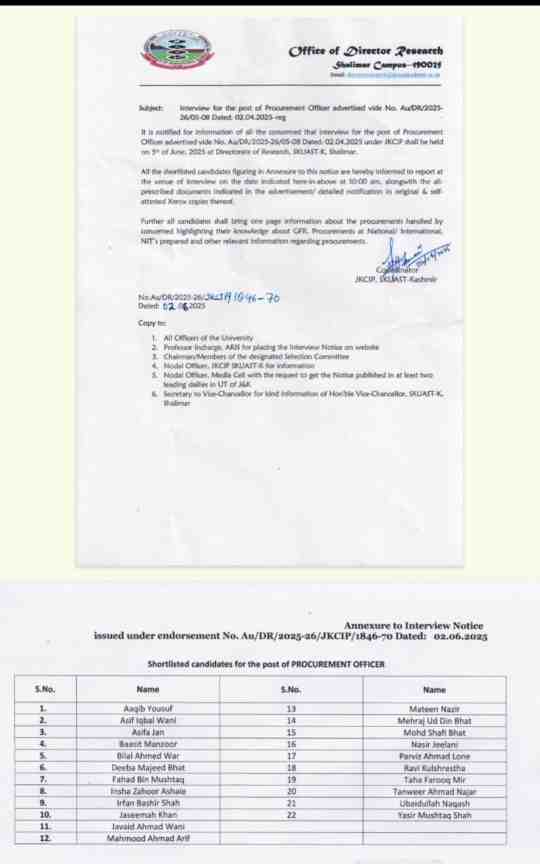 SKUAST K - Interview for the post of Procurement Officer check list 