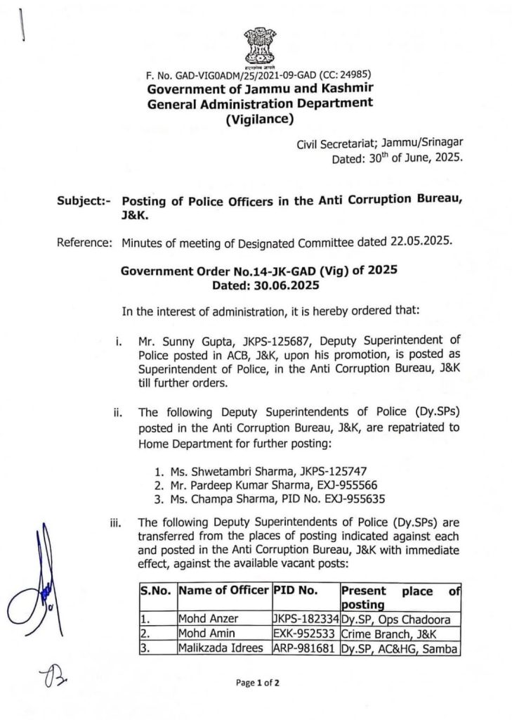 Posting of Police Officers in Anti-Corruption Bureau J&K