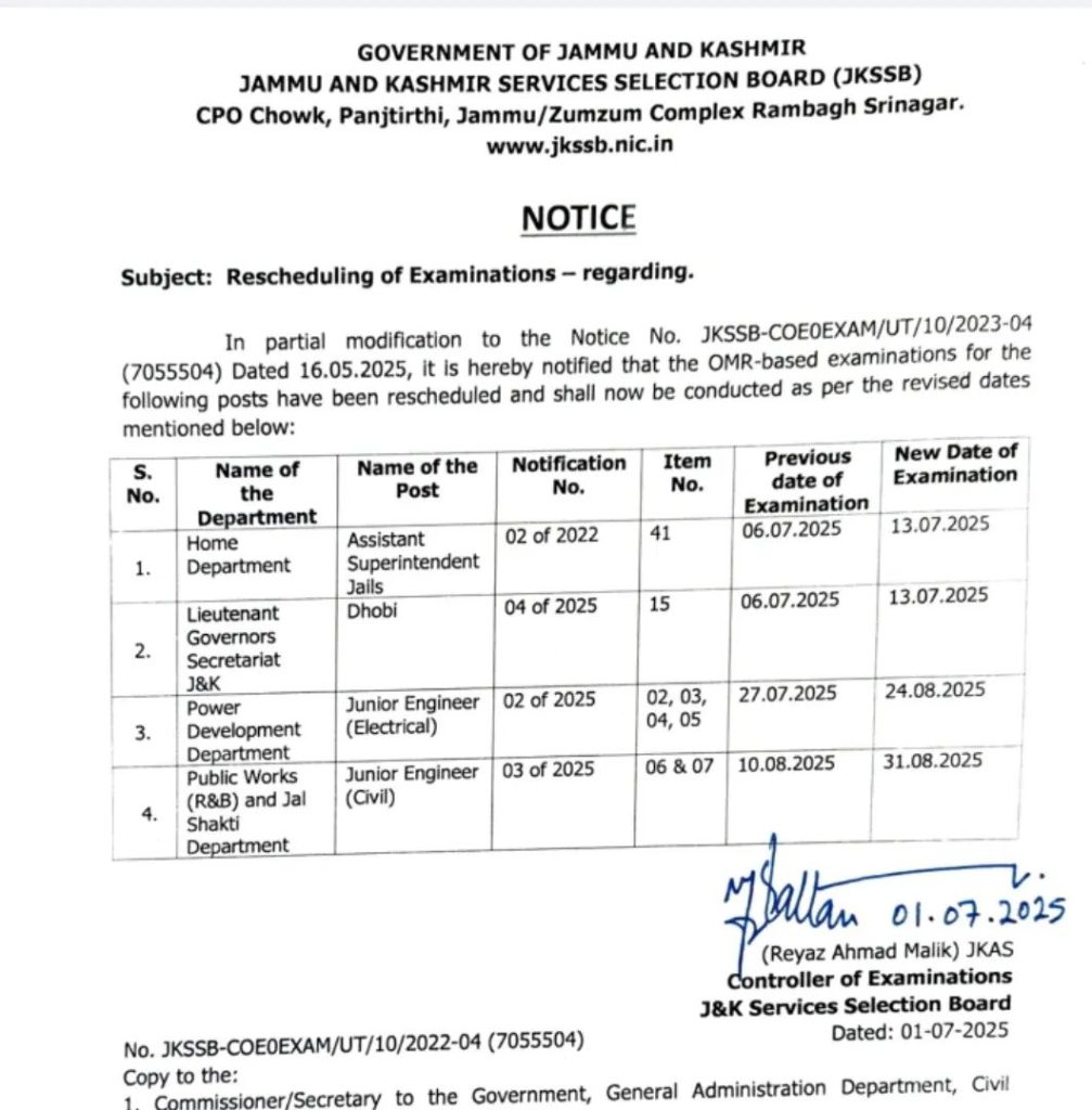 JKSSB Rescheduling of Examination - Exam Dates