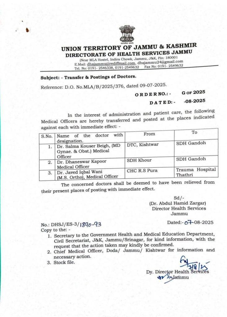 Transfer and posting of doctors