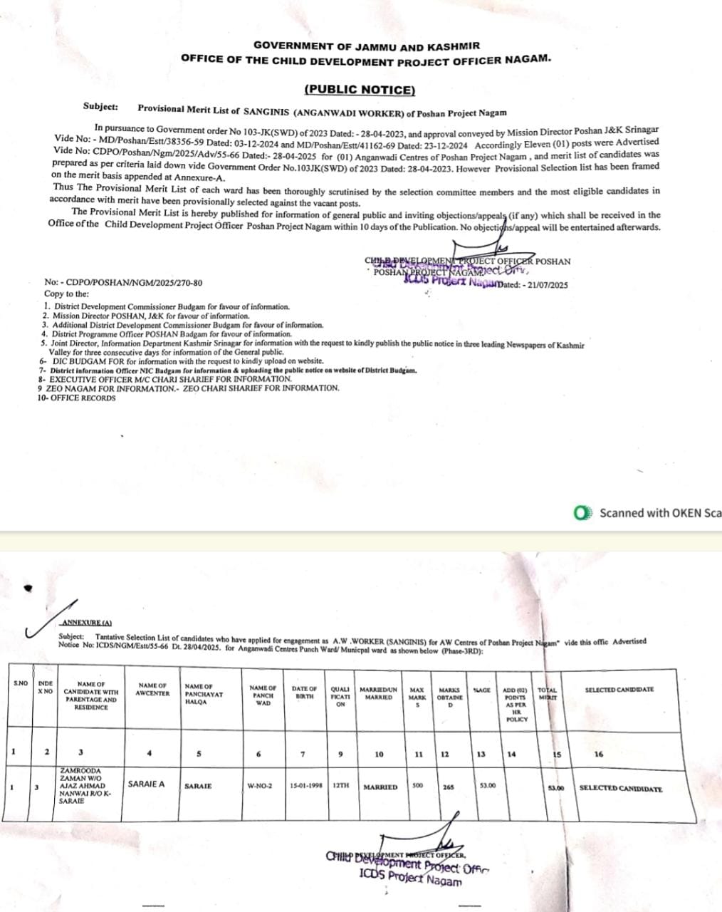 _*Provisional Merit list of list of SANGINIS ( Aanganwadi Worker ) of Poshan Project Nagam*_