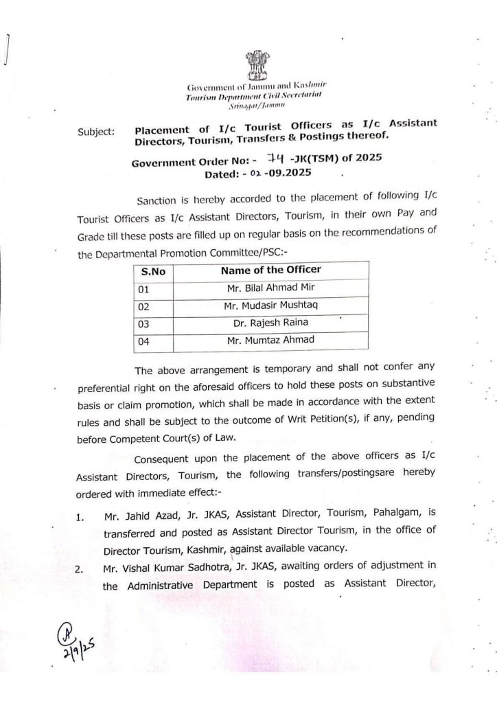 Transfers & Postings Tourist Officers