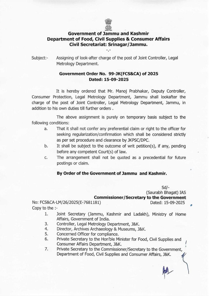 J&K Govt Assigns Manoj Prabhakar Additional Charge as Joint Controller, Legal Metrology Jammu