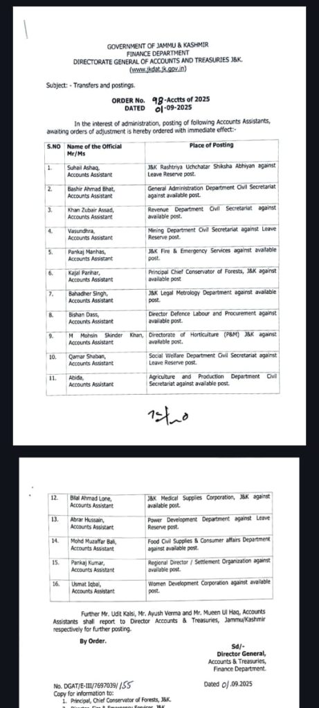 transfer and Posting Account Assistants check full list Here