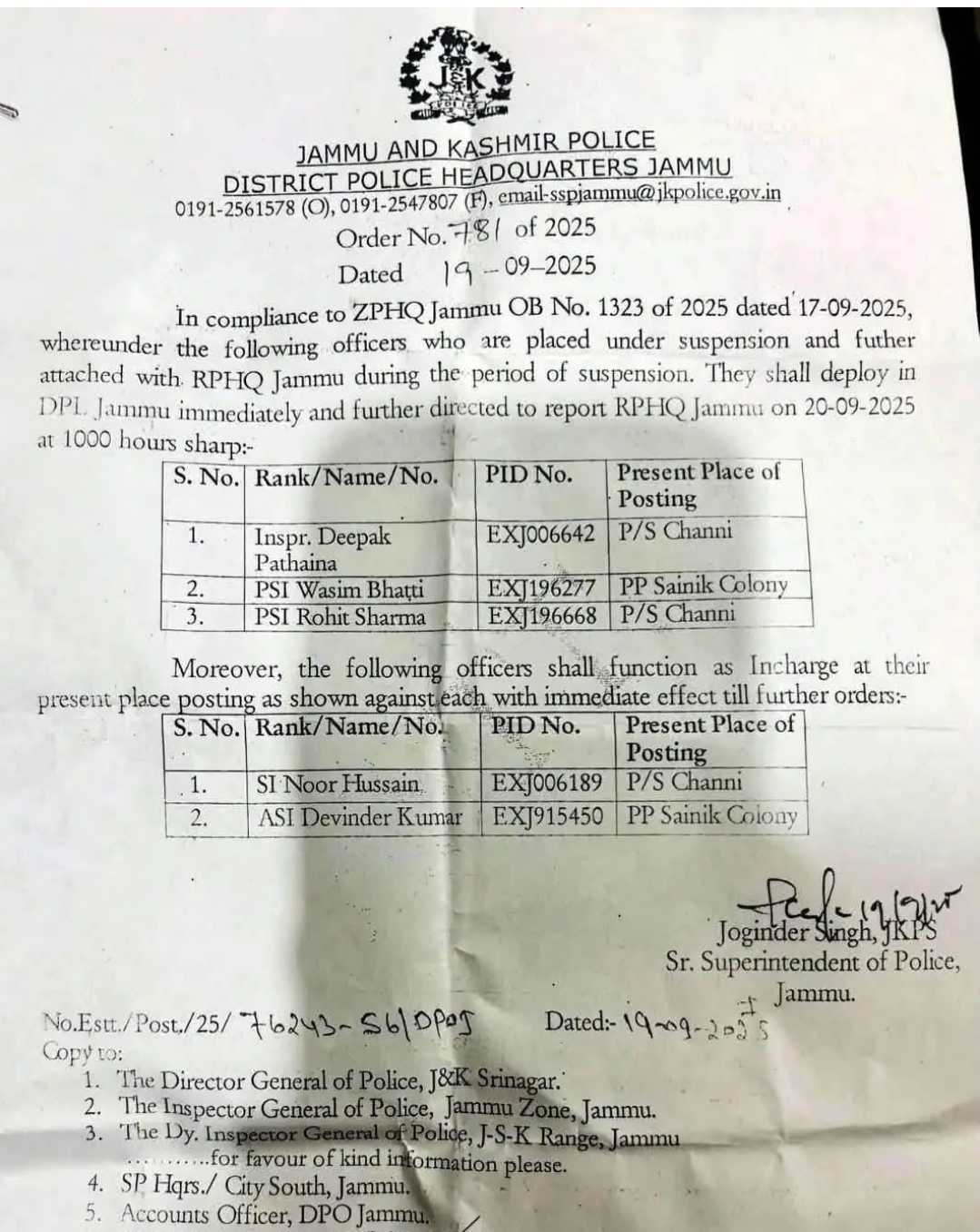 Suspension order issued to SHO Channi Himmat Police Station and other officers