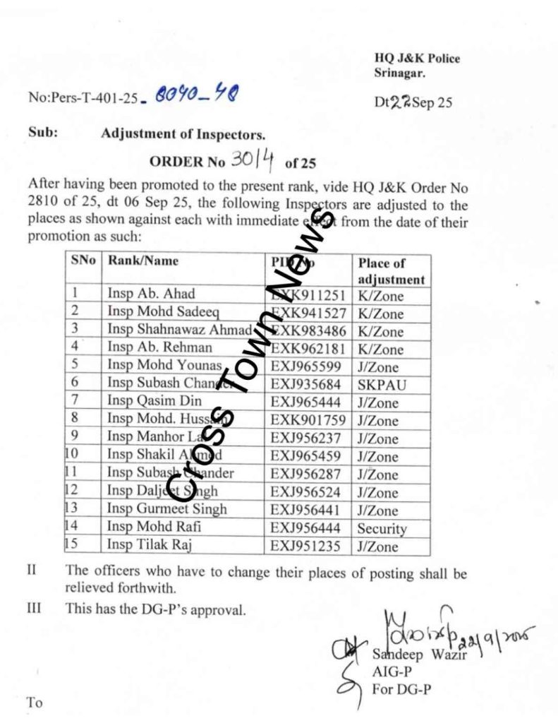 J&K Police Issues Transfer and Adjustment Orders for 15 Inspectors