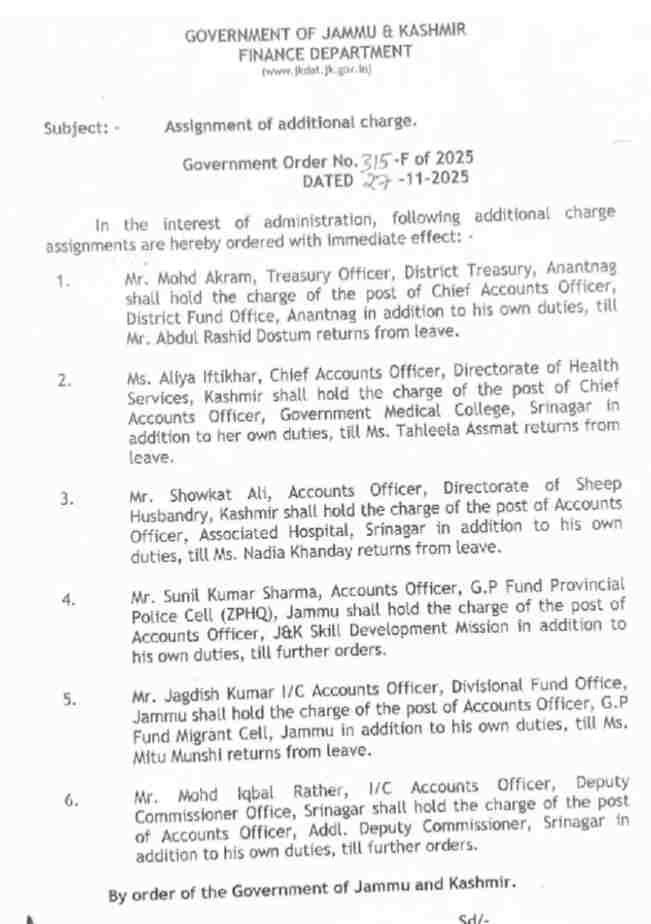 J&K Govt Assigns Additional Charges to Key Accounts Officers
