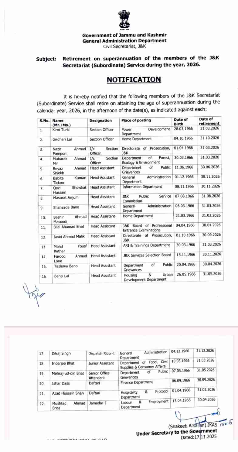 J&K RELEASES OFFICIAL RETIREMENT LIST FOR GOVERNMENT EMPLOYEES IN 2026