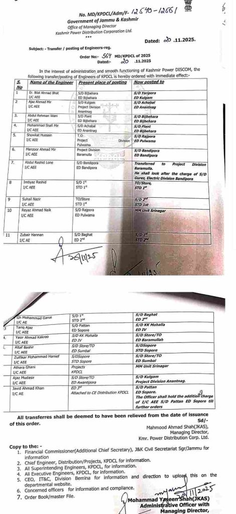 KPDCL Orders Transfer and Posting of Engineers – Full List